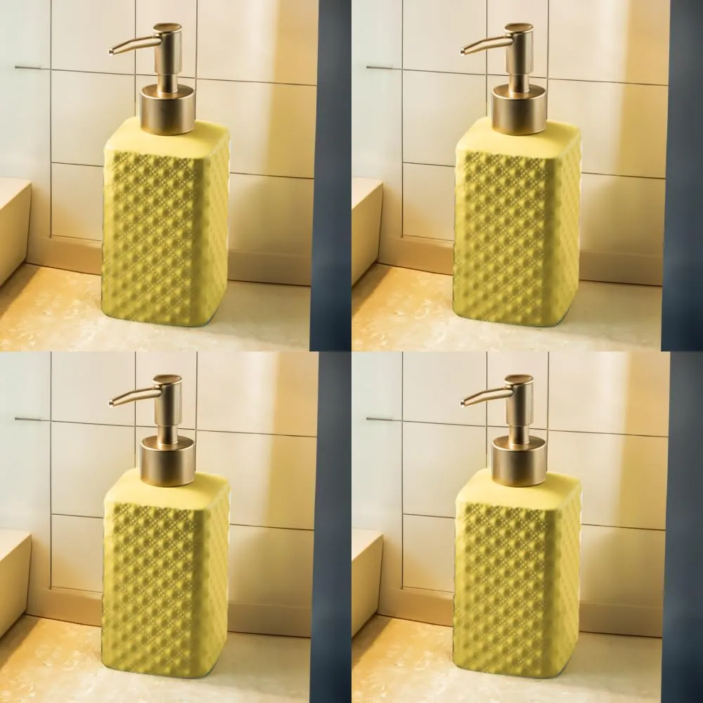 USHA SHRIRAM 350ml Soap Dispenser Bottle | Ceramic Soap & Lotion Dispenser Set | Kitchen Dish Soap Pump Dispenser Set | Hand Shower Washing Soap Dispenser (Deisgn 3 - Yellow, Pack of 4)