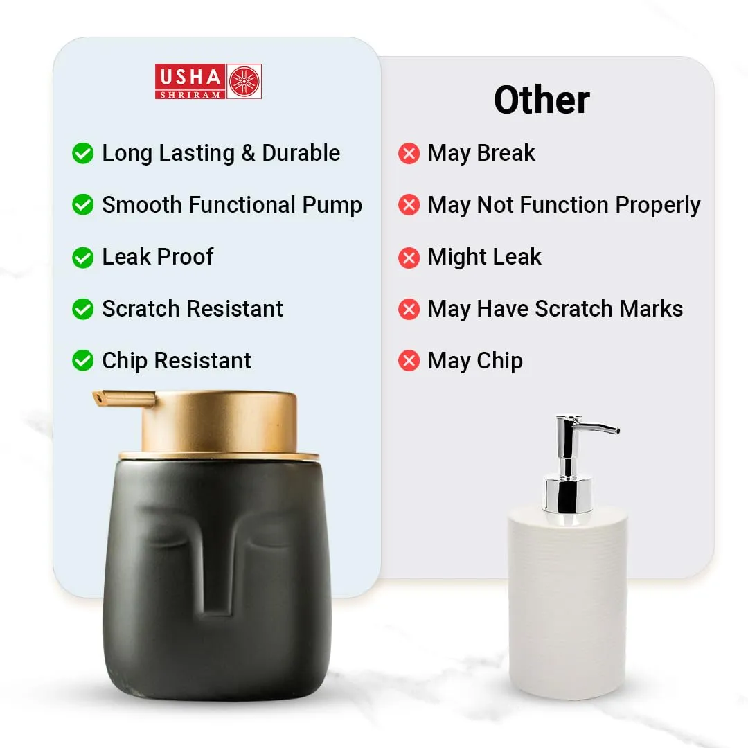 USHA SHRIRAM 350ml Soap Dispenser Bottle | Ceramic Soap & Lotion Dispenser Set | Kitchen Dish Soap Pump Dispenser Set | Hand Shower Washing Soap Dispenser (Design 1 - Black, Pack of 4)