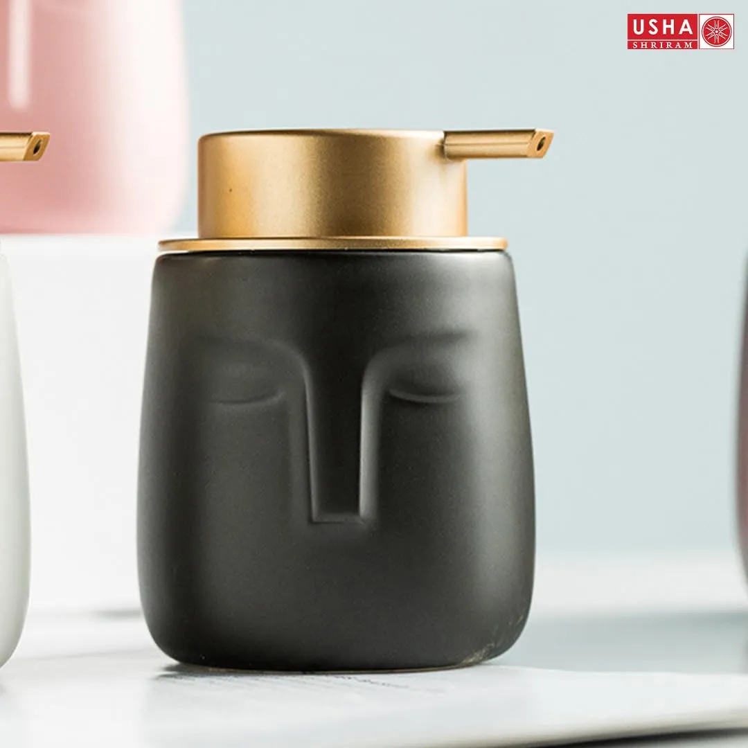 USHA SHRIRAM 350ml Soap Dispenser Bottle | Ceramic Soap & Lotion Dispenser Set | Kitchen Dish Soap Pump Dispenser Set | Hand Shower Washing Soap Dispenser (Design 1 - Black, Pack of 4)