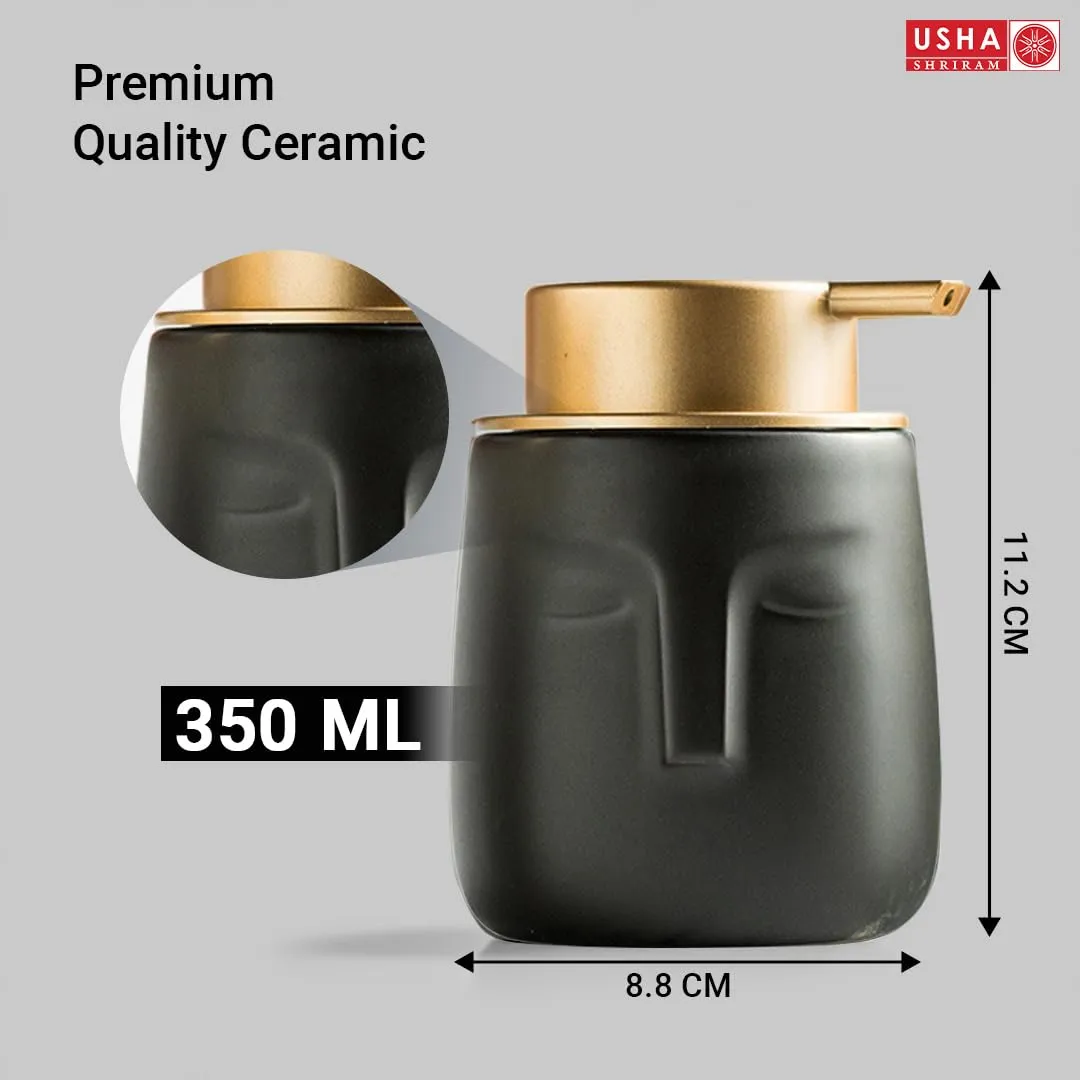 USHA SHRIRAM 350ml Soap Dispenser Bottle | Ceramic Soap & Lotion Dispenser Set | Kitchen Dish Soap Pump Dispenser Set | Hand Shower Washing Soap Dispenser (Design 1 - Black, Pack of 4)