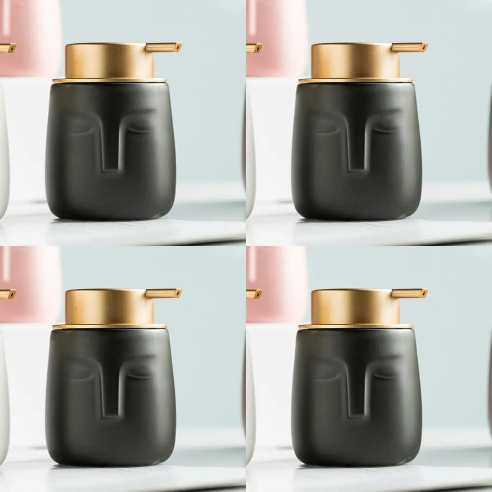 USHA SHRIRAM 350ml Soap Dispenser Bottle | Ceramic Soap & Lotion Dispenser Set | Kitchen Dish Soap Pump Dispenser Set | Hand Shower Washing Soap Dispenser (Design 1 - Black, Pack of 4)