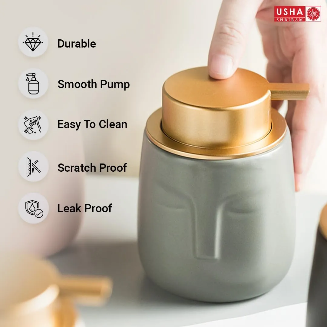 USHA SHRIRAM 350ml Soap Dispenser Bottle | Ceramic Soap & Lotion Dispenser Set | Kitchen Dish Soap Pump Dispenser Set | Hand Shower Washing Soap Dispenser (Design 1 - Grey, Pack of 4)