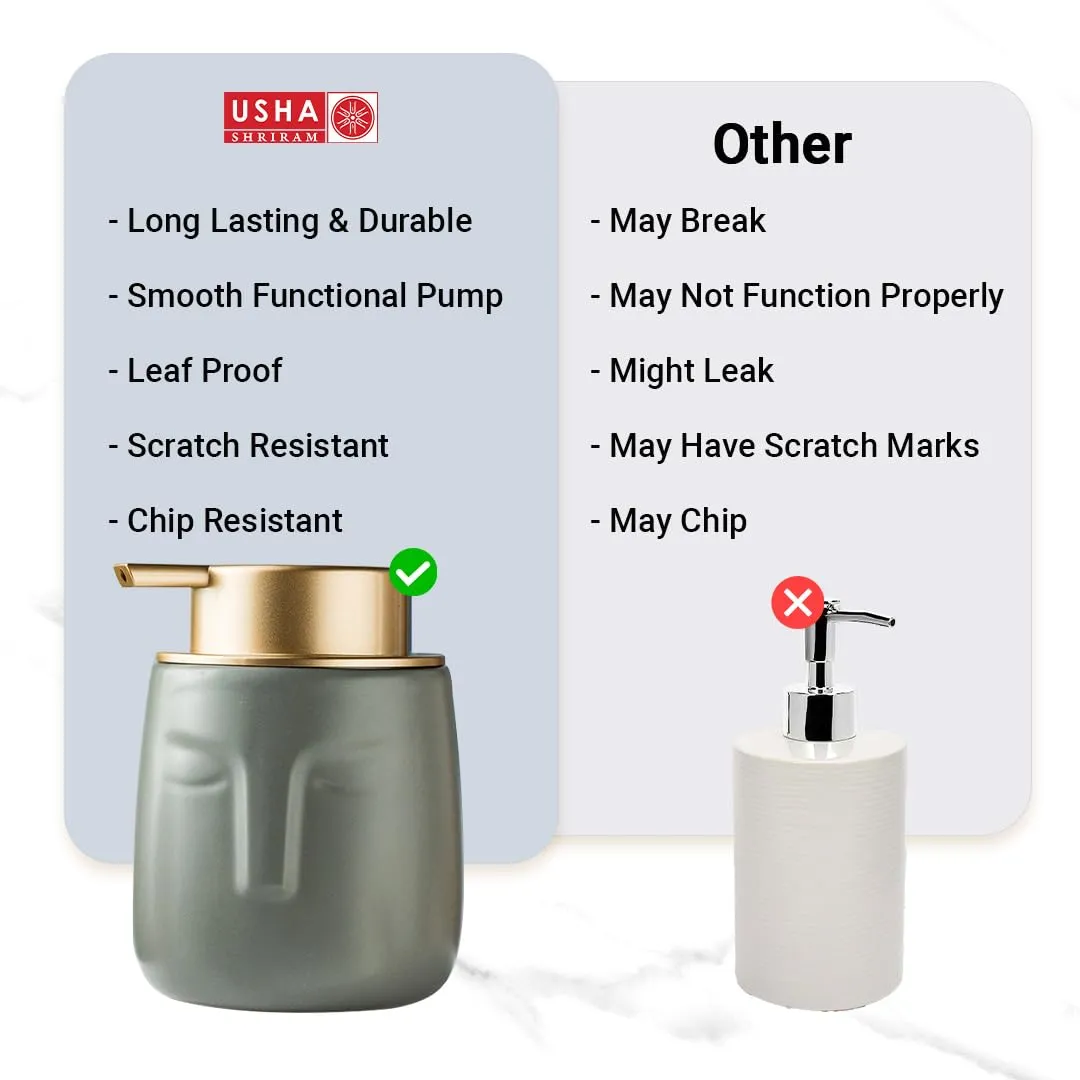 USHA SHRIRAM 350ml Soap Dispenser Bottle | Ceramic Soap & Lotion Dispenser Set | Kitchen Dish Soap Pump Dispenser Set | Hand Shower Washing Soap Dispenser (Design 1 - Grey, Pack of 4)