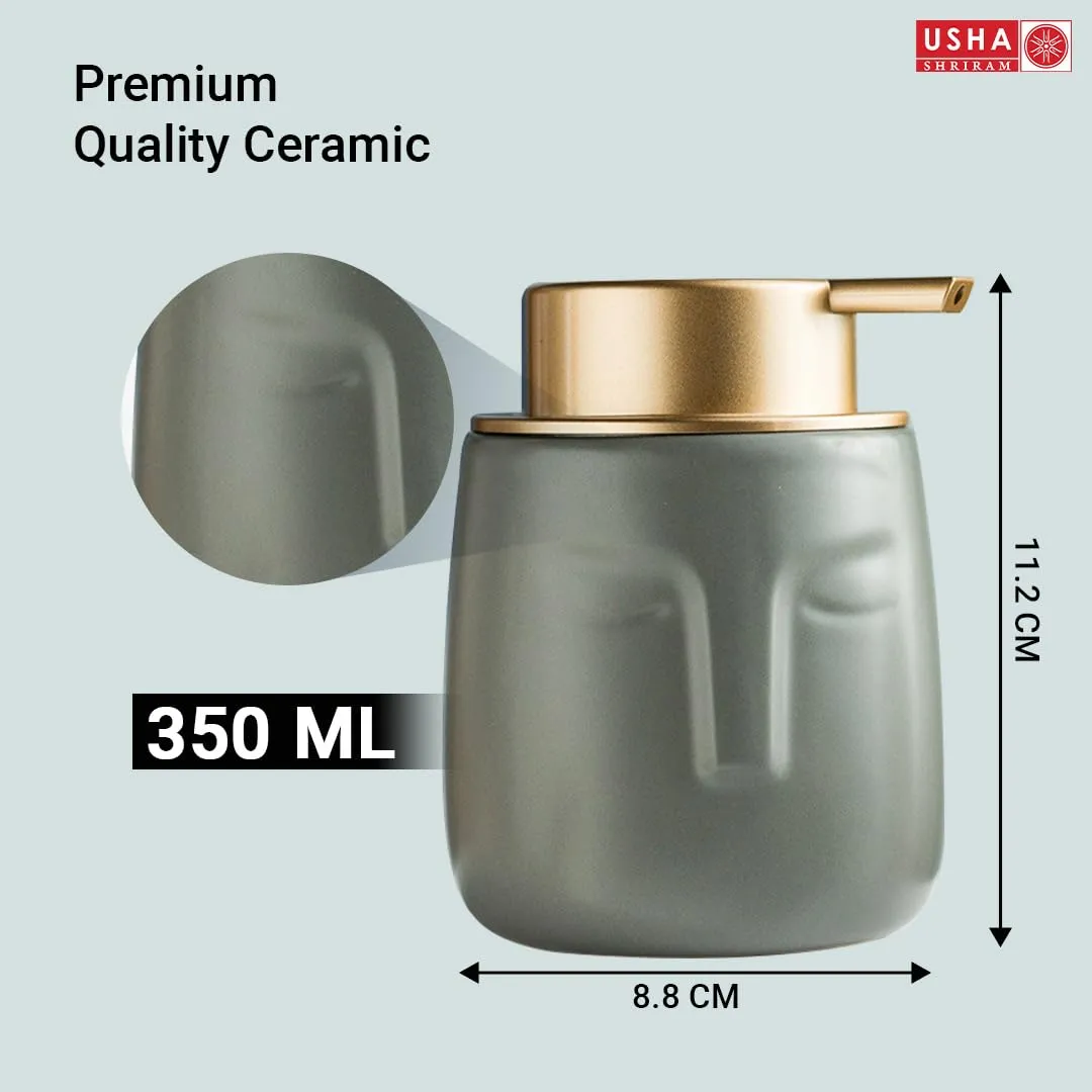 USHA SHRIRAM 350ml Soap Dispenser Bottle | Ceramic Soap & Lotion Dispenser Set | Kitchen Dish Soap Pump Dispenser Set | Hand Shower Washing Soap Dispenser (Design 1 - Grey, Pack of 4)