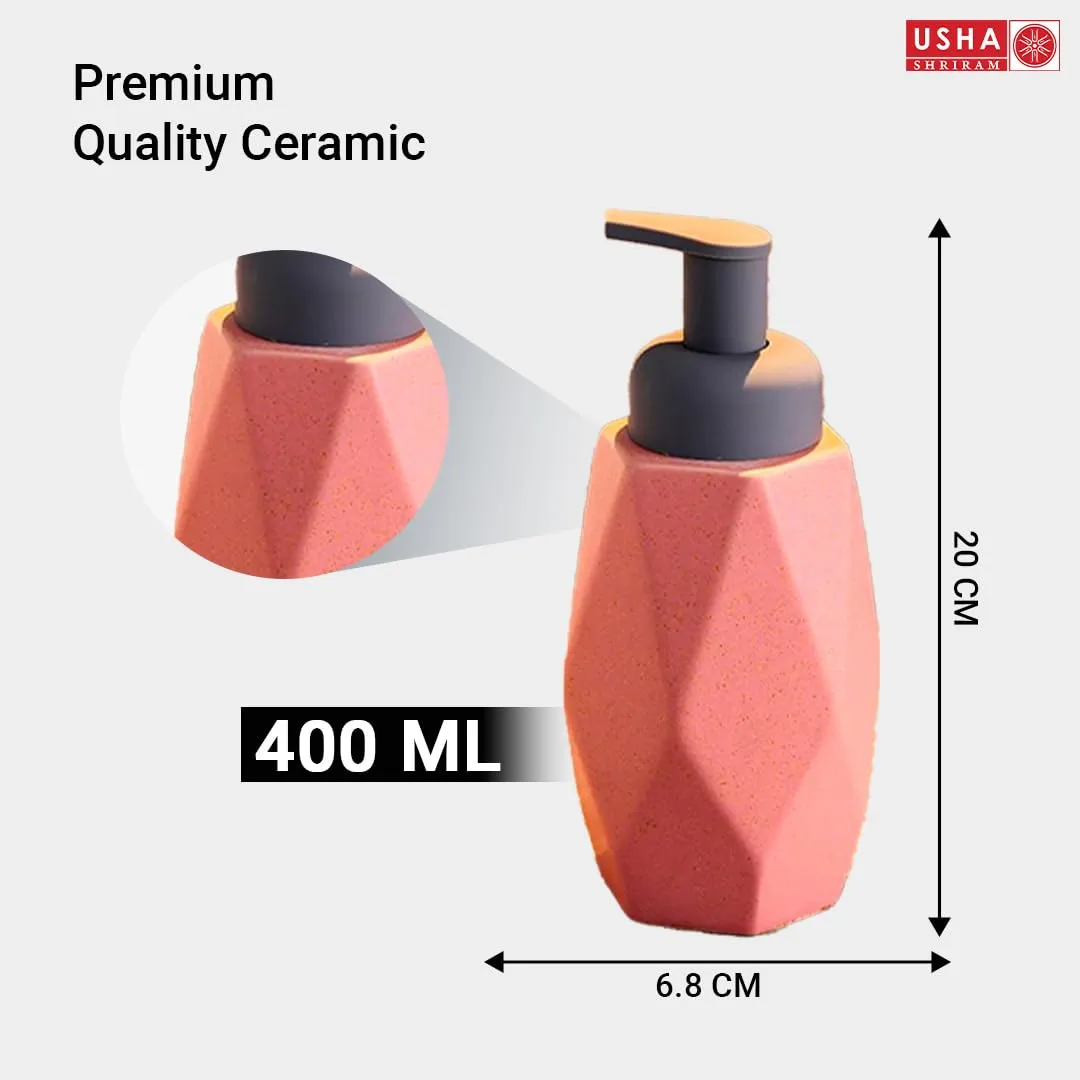 USHA SHRIRAM Soap Dispenser Bottle | Ceramic Soap & Lotion Dispenser Set | Kitchen Dish Soap Pump Dispenser Set | Hand Shower Washing Soap Dispenser (400ml - Design 3 - Pink, Pack of 4)