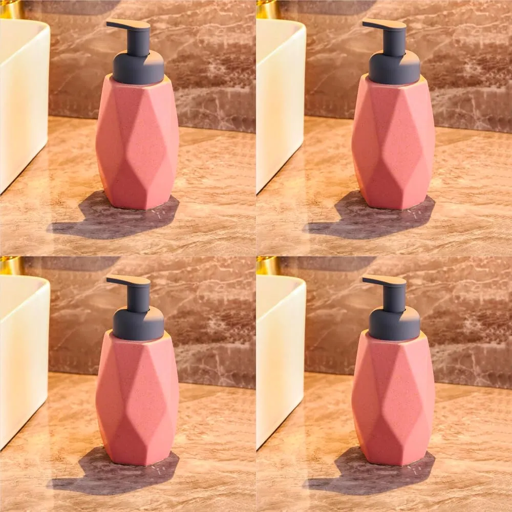 USHA SHRIRAM Soap Dispenser Bottle | Ceramic Soap & Lotion Dispenser Set | Kitchen Dish Soap Pump Dispenser Set | Hand Shower Washing Soap Dispenser (400ml - Design 3 - Pink, Pack of 4)