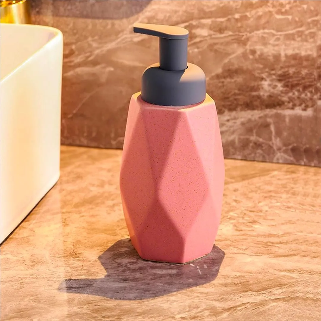 USHA SHRIRAM Soap Dispenser Bottle | Ceramic Soap & Lotion Dispenser Set | Kitchen Dish Soap Pump Dispenser Set | Hand Shower Washing Soap Dispenser (400ml - Design 3 - Pink, Pack of 4)