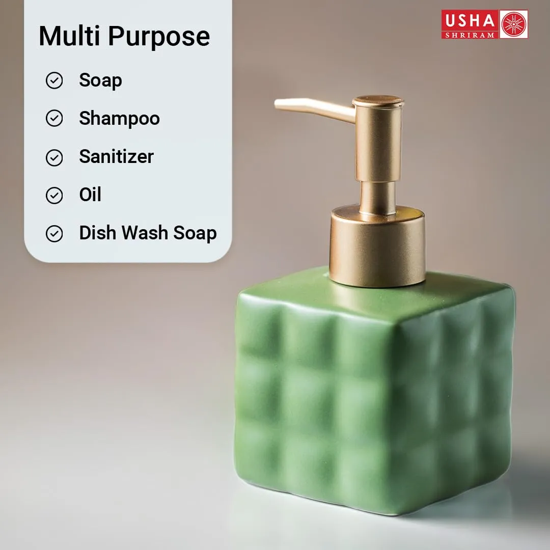 USHA SHRIRAM Soap Dispenser | Ceramic Soap & Lotion Dispenser Set | Kitchen Dish Soap Pump Dispenser Set | Hand Shower Washing Soap Dispenser for Kitchen Sink & Bathroom (220 ml, Green, 4)