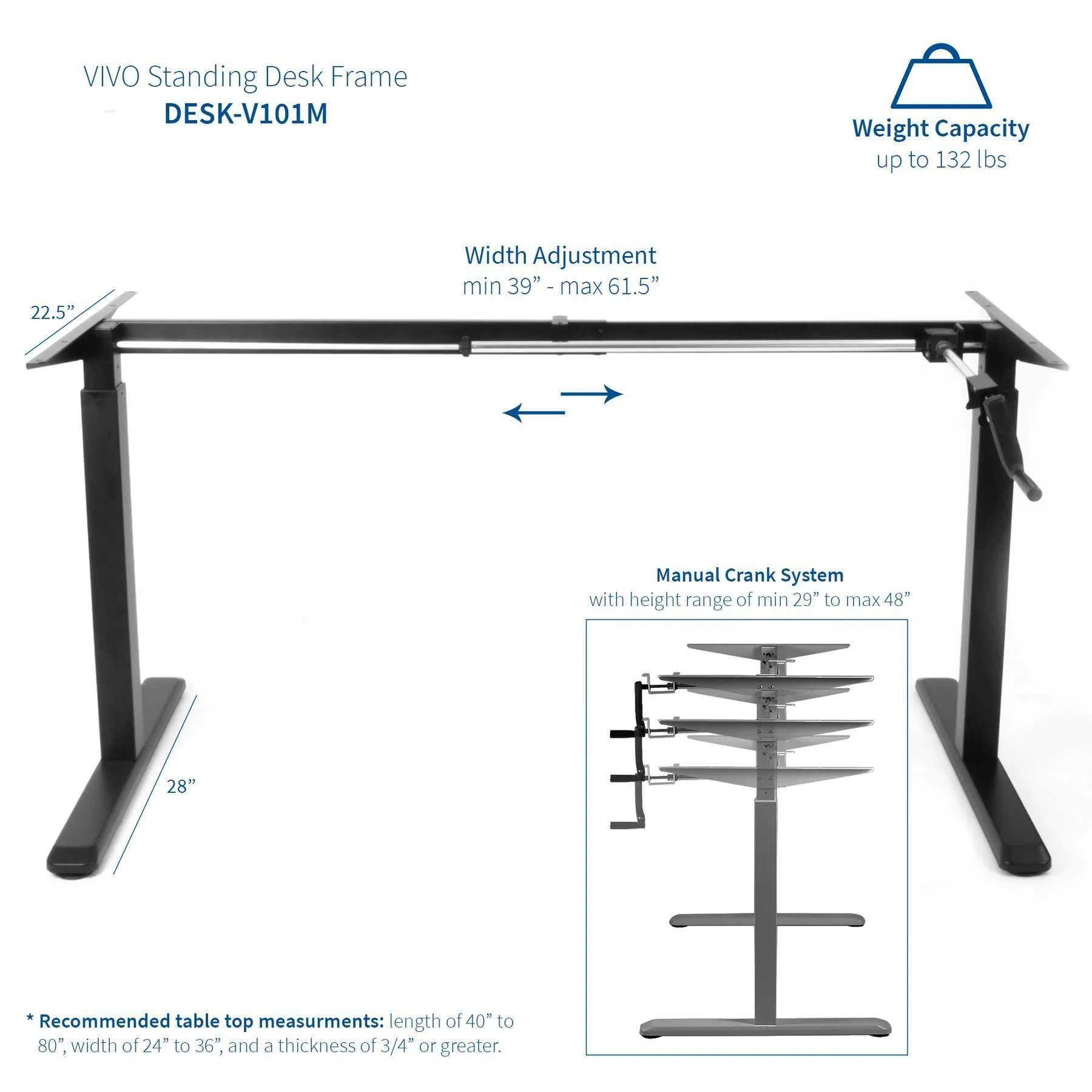 VIVO Manual Cranked 63"W Height-Adjustable Standing Desk Kit w/ 3-Section Desktop, DESK-KIT-1M1B/KIT-1M1W
