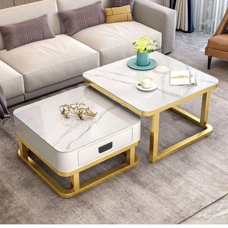 Welltrade Shoppee Marbled Finish Set of Coffee Table 2, Piece Stackable Tea Table or Center Table with Drawer and Gold Metal Frame for Living Room Bedroom or Apartments (Golden & White)