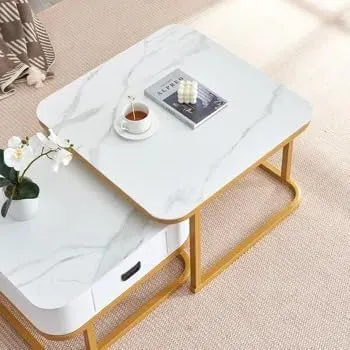 Welltrade Shoppee Marbled Finish Set of Coffee Table 2, Piece Stackable Tea Table or Center Table with Drawer and Gold Metal Frame for Living Room Bedroom or Apartments (Golden & White)