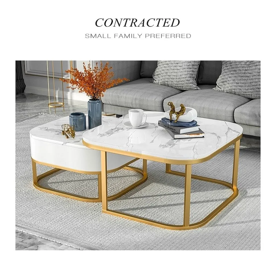 Welltrade Shoppee Marbled Finish Set of Coffee Table 2, Piece Stackable Tea Table or Center Table with Drawer and Gold Metal Frame for Living Room Bedroom or Apartments (Golden & White)