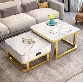 Welltrade Shoppee Marbled Finish Set of Coffee Table 2, Piece Stackable Tea Table or Center Table with Drawer and Gold Metal Frame for Living Room Bedroom or Apartments (Golden & White)