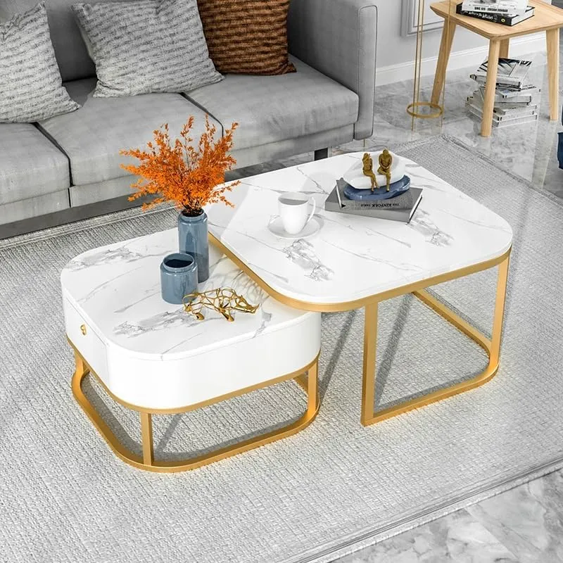 Welltrade Shoppee Marbled Finish Set of Coffee Table 2, Piece Stackable Tea Table or Center Table with Drawer and Gold Metal Frame for Living Room Bedroom or Apartments (Golden & White)