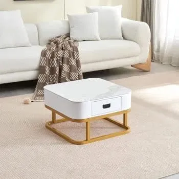 Welltrade Shoppee Marbled Finish Set of Coffee Table 2, Piece Stackable Tea Table or Center Table with Drawer and Gold Metal Frame for Living Room Bedroom or Apartments (Golden & White)