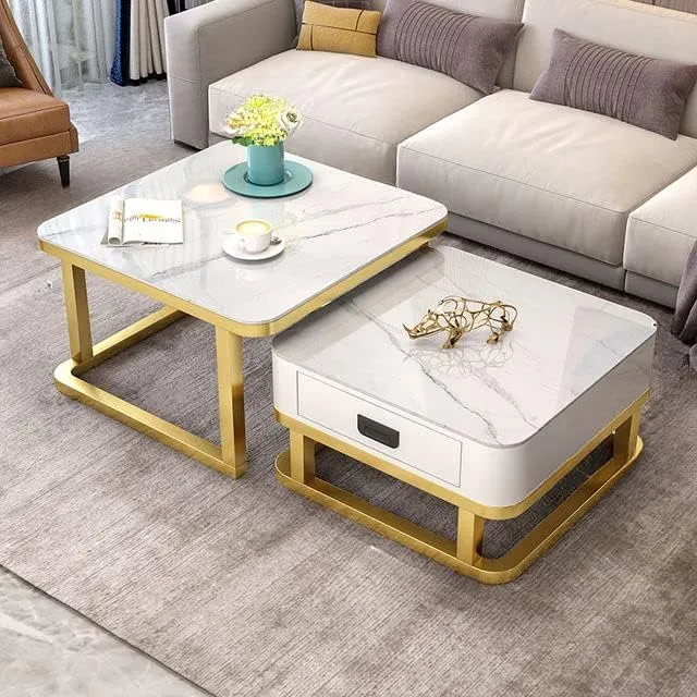 Welltrade Shoppee Marbled Finish Set of Coffee Table 2, Piece Stackable Tea Table or Center Table with Drawer and Gold Metal Frame for Living Room Bedroom or Apartments (Golden & White)