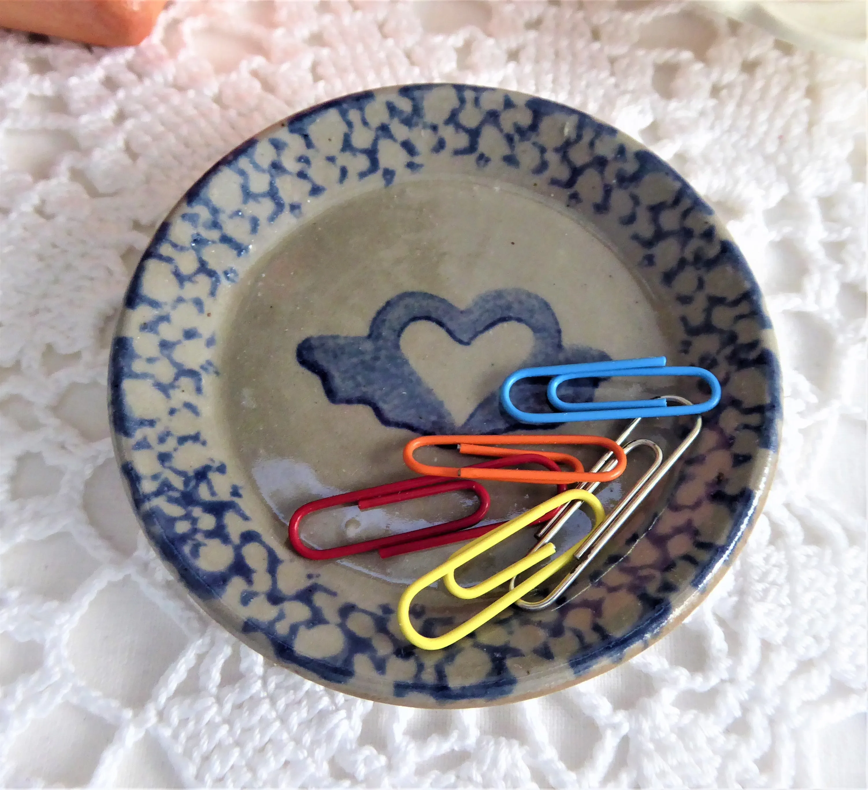 Winged Heart Blue Sponge Butter Pat Stoneware Teabag Caddy Stoneware