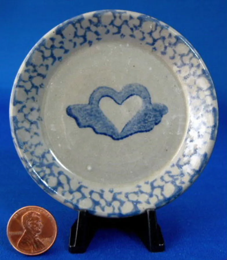 Winged Heart Blue Sponge Butter Pat Stoneware Teabag Caddy Stoneware
