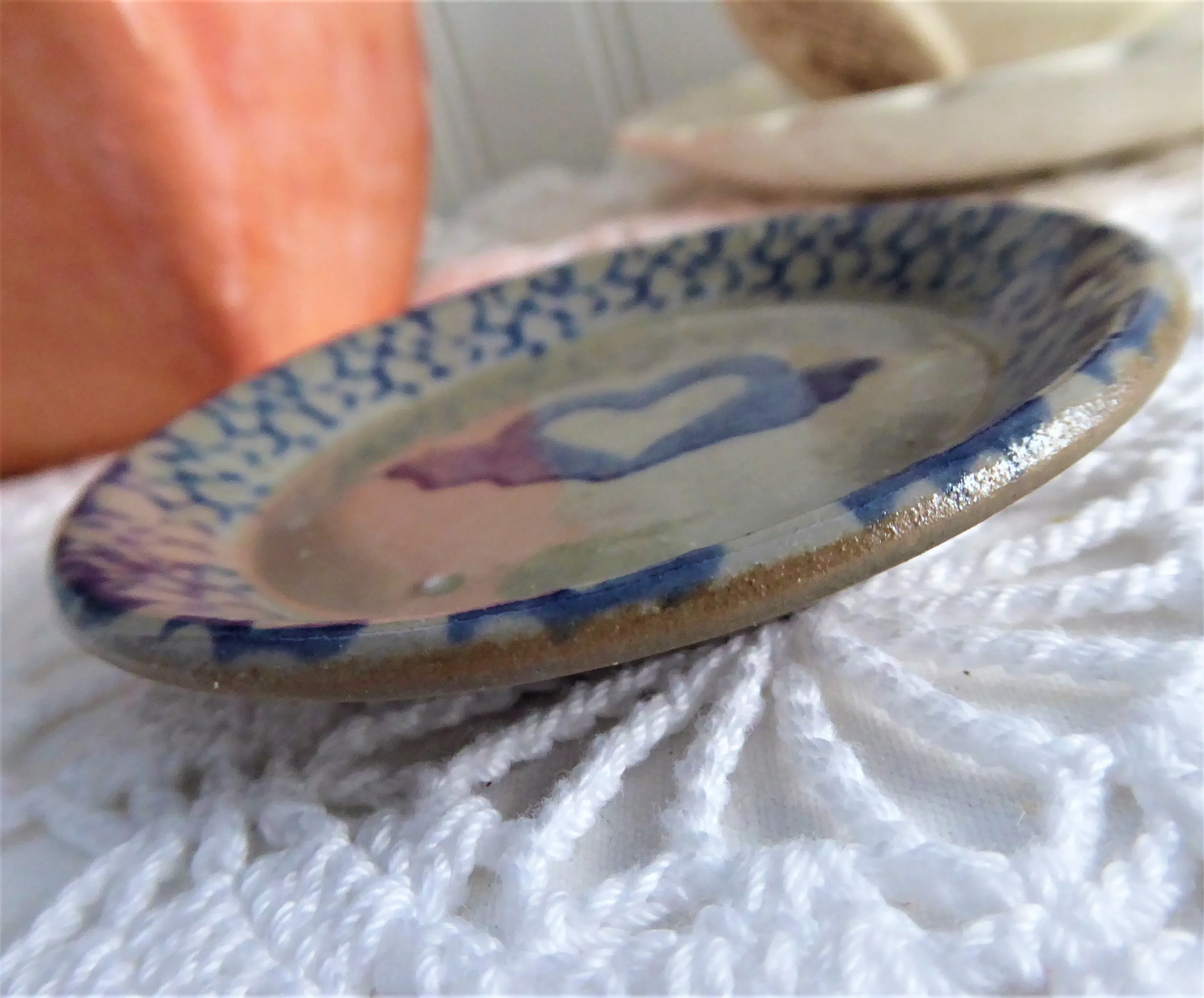Winged Heart Blue Sponge Butter Pat Stoneware Teabag Caddy Stoneware