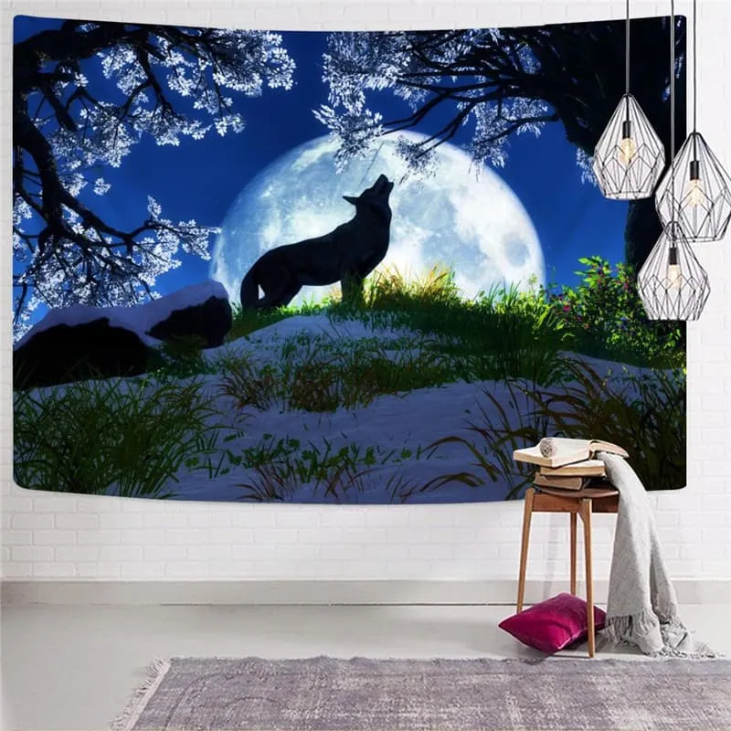 Wolf Tapestry Animal Wall Tapestry Anime Rug Wall Moon Tenture Mandala Flower Tapestries