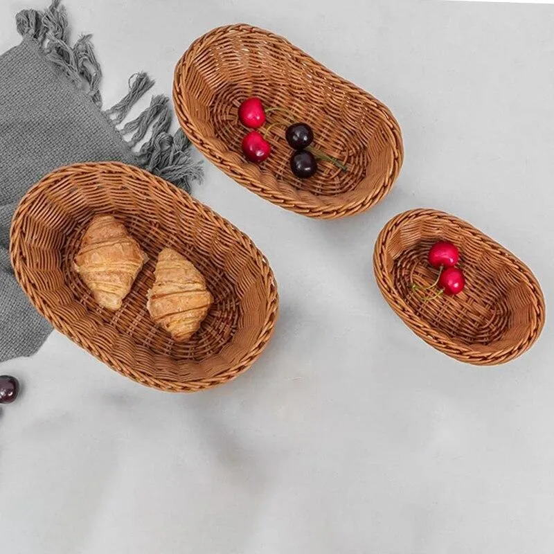 Woven Breads Serving Baskets,Oval Imitation Rattan Fruit Basket,Woven Stackable Tabletop Food Basket,Brown