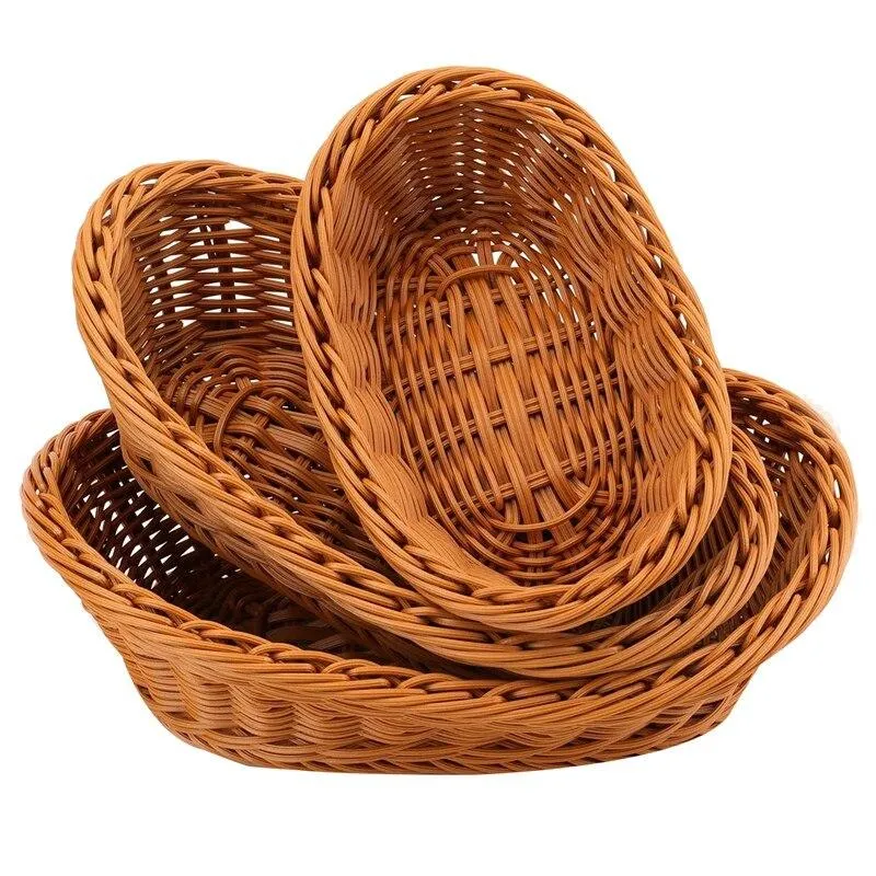 Woven Breads Serving Baskets,Oval Imitation Rattan Fruit Basket,Woven Stackable Tabletop Food Basket,Brown