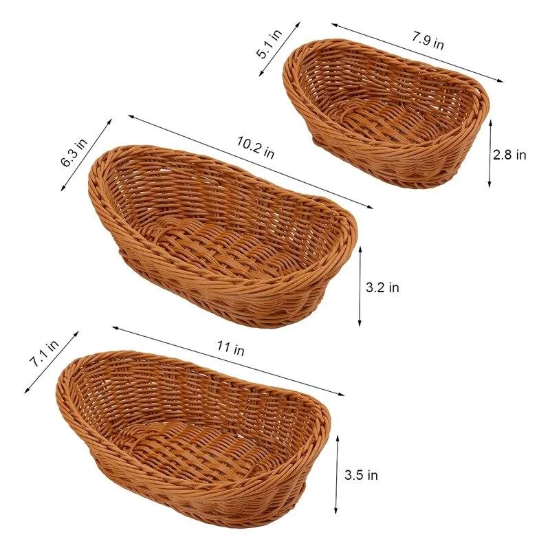 Woven Breads Serving Baskets,Oval Imitation Rattan Fruit Basket,Woven Stackable Tabletop Food Basket,Brown