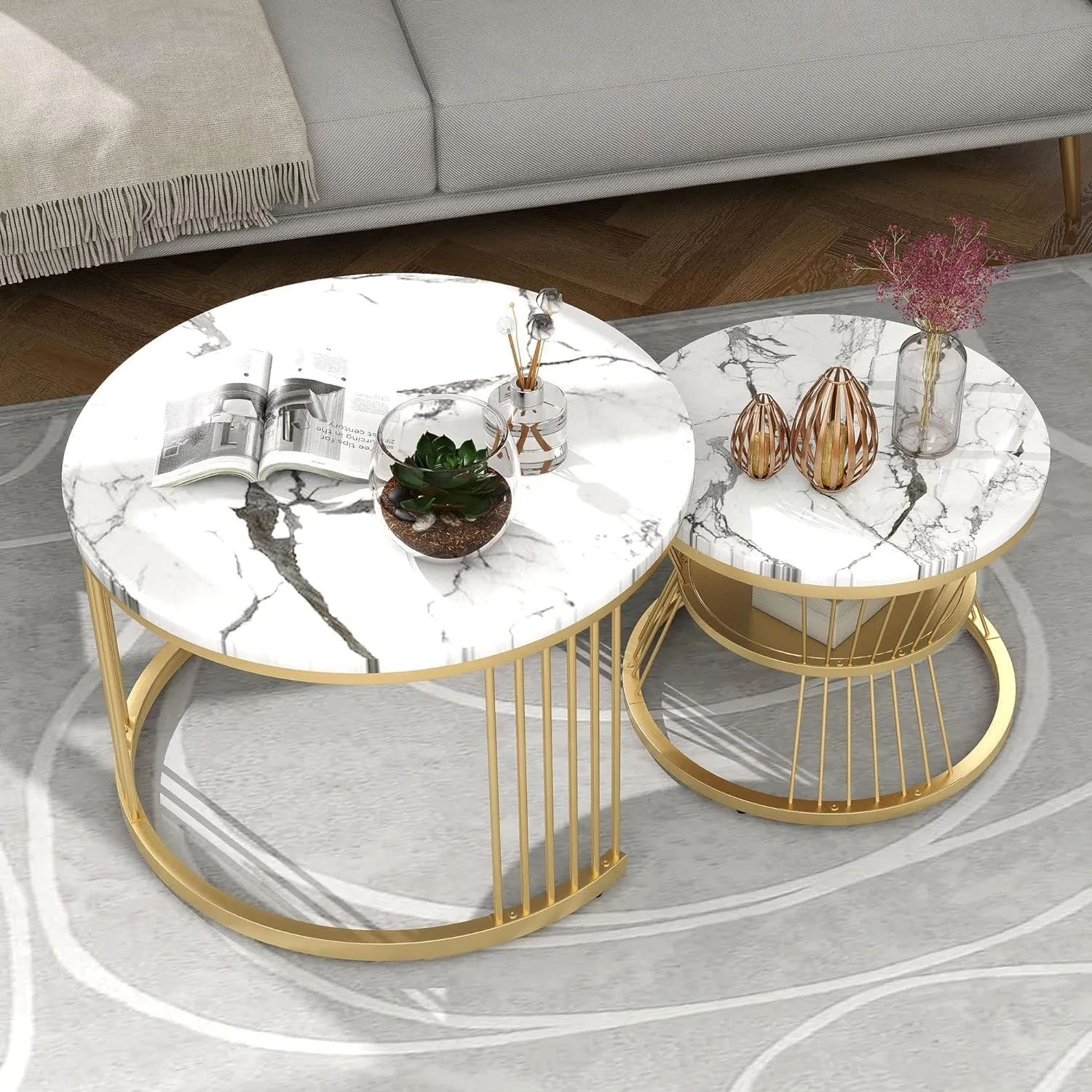 Zareen Mart Stacking Center Tables with Iron Frame and Laminated Round Coffee Table, Perfect for Living Rooms, bedrooms, or Apartments (Multicolor) (Gold White)