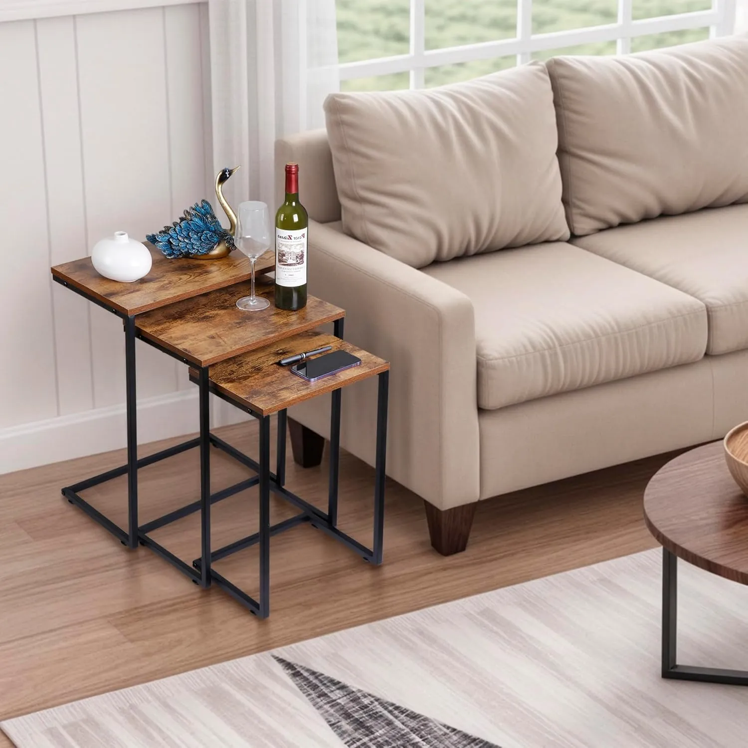 ZENY™ Nesting Side Tables Set of 3 Industrial C Shaped End Table Set Stackable Coffee Table Heavy Duty Metal Frame