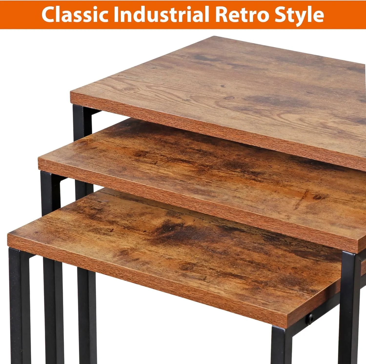 ZENY™ Nesting Side Tables Set of 3 Industrial C Shaped End Table Set Stackable Coffee Table Heavy Duty Metal Frame