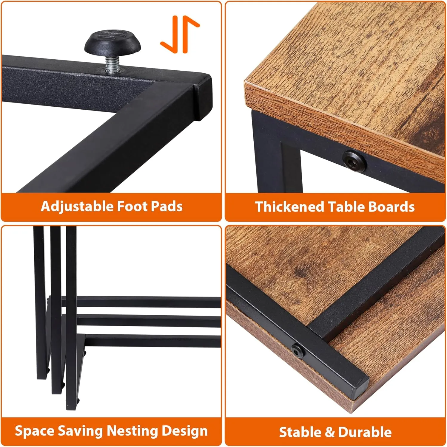 ZENY™ Nesting Side Tables Set of 3 Industrial C Shaped End Table Set Stackable Coffee Table Heavy Duty Metal Frame